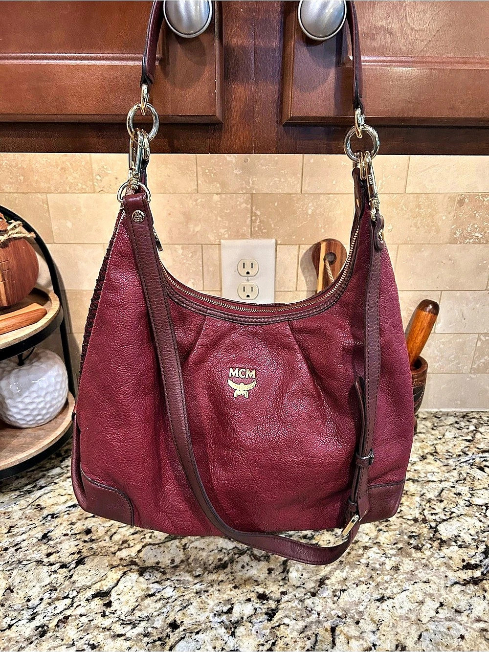 MCM Leather Hobo Bag in Burgundy